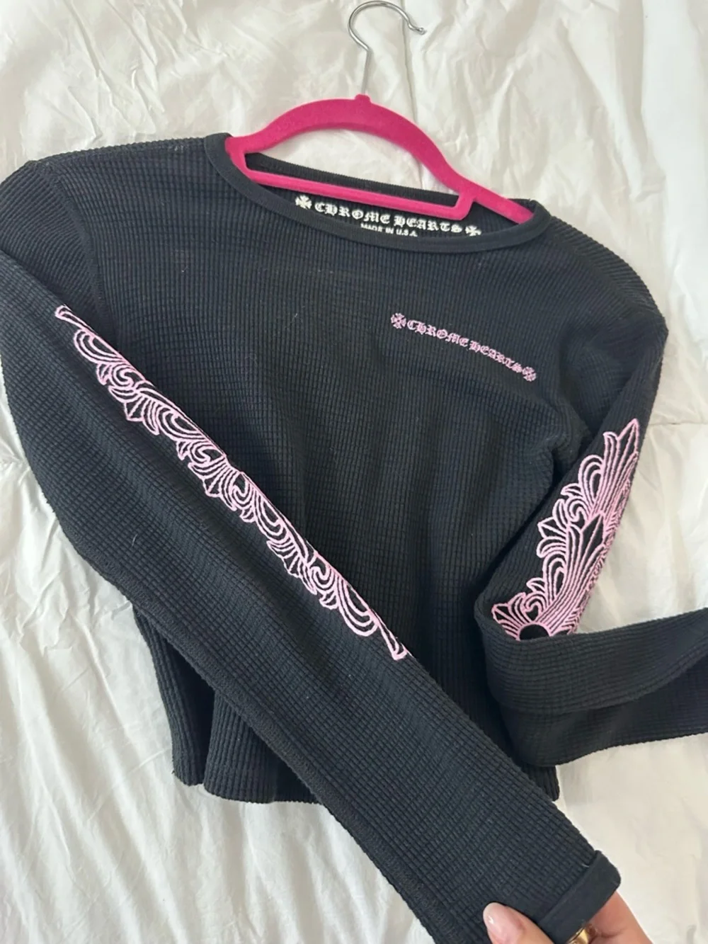 Chrome Hearts Black Long Sleeve Thermal Top with Pink Logo Details - Picture 3 of 12